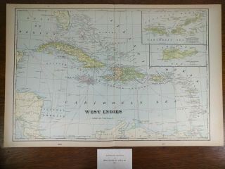 West Indies 1902 Vintage Atlas Map 22 " X14 " Old Antique Cuba Jamaica Bahamas