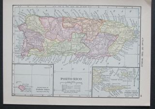 104 Yr - Old Antique 1915 Atlas Map Of Puerto Rico And On Reverse Cuba