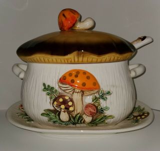 Vintage Merry Mushroom Soup Tureen With Ladle And Platter - Htf - Kitchy