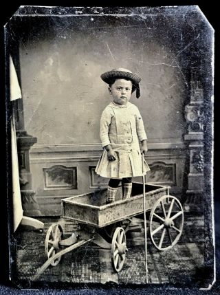 Outstanding 1/6 Plate Tintype - Boy Standing In A Toy Express Wagon Holding Cane