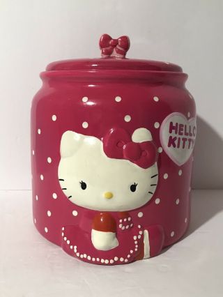 Hello Kitty Pink Polka Dot Round Cookie Jar 8 1/2 " Tall