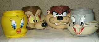 4 Vintage Looney Tunes 3d Mugs Cups Bugs Bunny Tweety Wile E Coyote Taz 1992