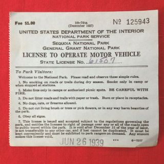 1939 License To Operate Motor Vehicle Sequoia General Grant National Park