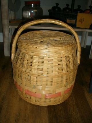 Large Vintage Covered Wicker Basket Round With Lid Top Handle Sewing
