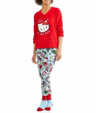 Hello Kitty 3 Pc Plush Pajamas Set Shirt Pants Socks Women 