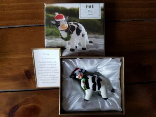 Glass Collectible Christmas Cow Figurine With Wreath; Plus A Cow Bell Ornament