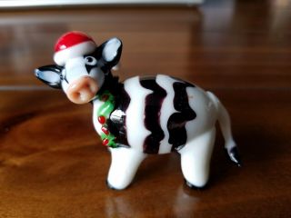 Glass Collectible Christmas Cow Figurine with Wreath; PLUS a Cow Bell Ornament 3