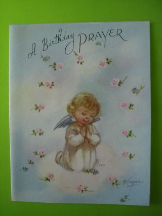 Vtg.  Rust Craft Birthday Card - Marjorie Cooper Angel Praying - Envelope