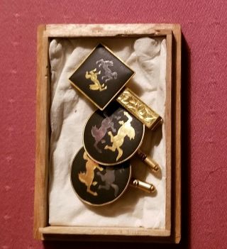 Imported Oriental Damascene Cufflinks & Tie Clip Inlaid W/24 K Gold Horses
