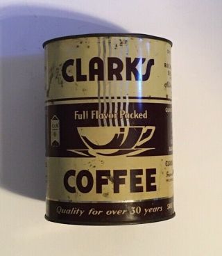 Vintage Clarks Coffee Tin Metal Can Milwaukee Wisconsin 4 - 1/2 “ X5 - 3/4” 1lb Can
