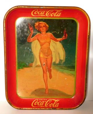 Vtg.  1937 Coca Cola Coke Advertising Tray Girl In Swimsuit
