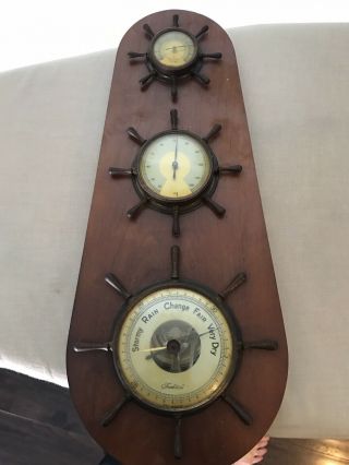 West German 15” Vintage Nautical Brass/wood Weather Station Barometer Hygrometer