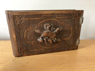 Victorian 1870s Black Forest Carved Wooden Photo Album Retriever Hunting Dog Cdv