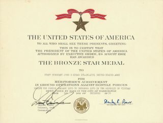 1970 Vietnam Bronze Star Medal Certificate Staff Sergeant John D Krear Us Army