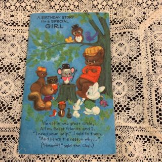 Vintage Greeting Card Birthday Girl Owl Bear Squirrel Animals Bunny