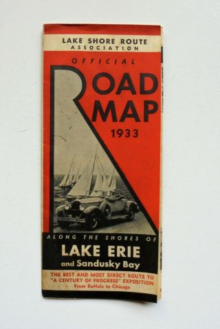 Antique 1933 Ohio Road Map Of Lake Erie & Sandusky Bay Lake Shore Route