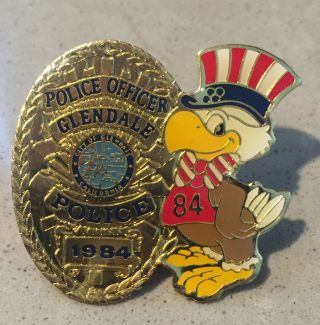 1984 Los Angeles La Olympic Pin Glendale Police Officer Pin Sam The Eagle Mascot