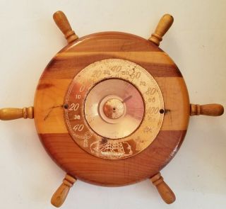 Vintage Cooper Barometer Nautical Ships Wheel Wood & Brass 7 Inches Made In Usa