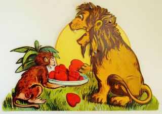 Vintage Mechanical Valentine Card Lion Eating Apples 7 1/2 " X 5 1/2 "