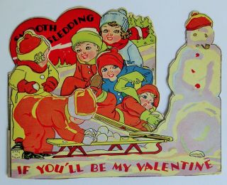 Vintage 3 - D Valentine Card Kids Playing In The Snow 5 7/8 " X 4 1/2 "