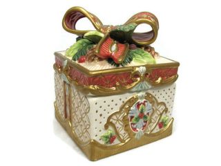 Fitz And Floyd Florentine Holiday Present Trinket Box Candy Dish Bow Ribbon Pine