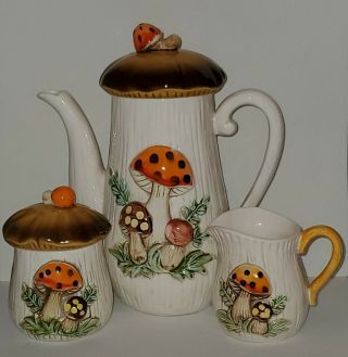 Vintage Merry Mushroom Coffee Pot W/ Sugar Canister And Creamer - Kitchy -