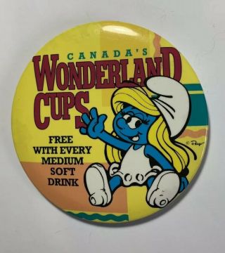 The Smurfs Smurf Smurfette Canada’s Wonderland Cups Vintage Pin 1988 Larger Size