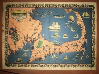 Vintage Map Of Cape Cod Circa 1930’s Printed By Town Crier Shop In Provincetown