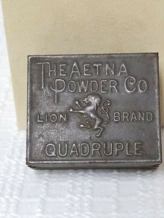 Vintage The Aetna Powder Co.  Lion Brand Quadruple Blasting Powder Square Tin
