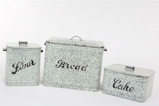 Vintage C1920 Set Of Mottled Enamelware Bread Bin,  Cake Tin & Flour Bin