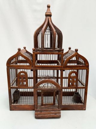 Large Vintage Taj Mahal Style Domed Birdcage Made From Dark Rich Wood And Wire