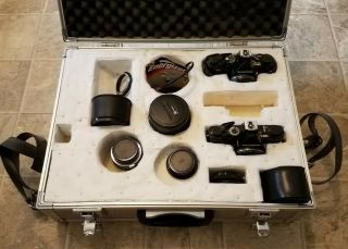Vintage Black Olympus Om - 1 & Om - 2 W/ 50mm Zuiko & 35mm Lenses Full Set With Case