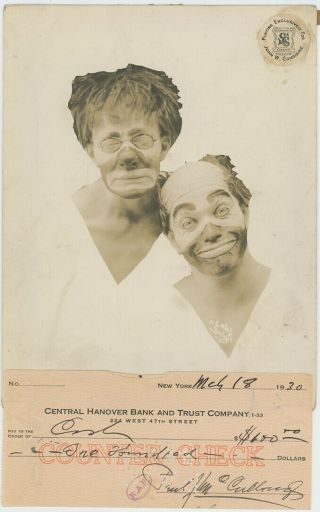 C1930 Publicity Photo Circus Clowns Clark & Mccullough With A $100 Signed Check