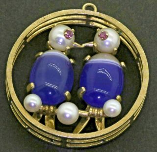Vintage Heavy 14k Gold Blue Stone Pearl & Ruby Kissing Lovebird Charm/pendant