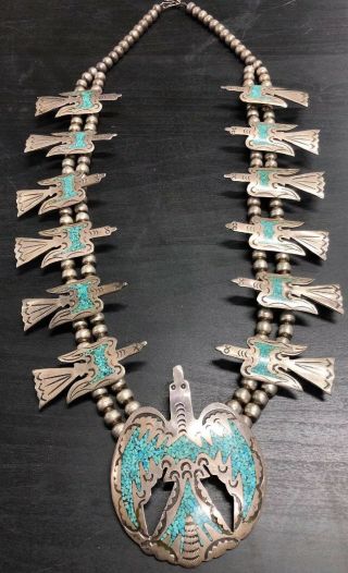 Vtg Squash Blossom Thunderbird Turquoise Necklace Indian Navajo Sterling Sliver