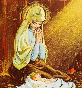 Mcm Vintage Christmas Card Mother Mary Prays Over Baby Jesus Signed Norm Mcgary