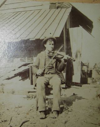 Cabinet Photo Of Amos Walters Playing His Violin At The Old Homestead In Montana