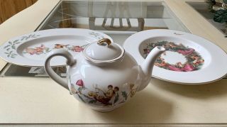Rare World Of Disney Holiday Platter Bowl And Teapot Christmas Mickey Tinkerbell