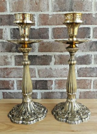 Vintage Pair Rococo Style Ornate Brass Candle Stick Holders Church Altar Mantle
