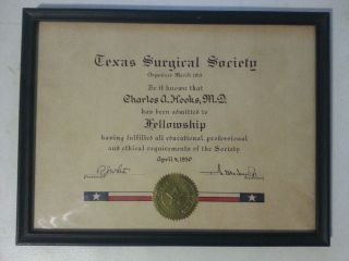 1950 Certificate Fellowship Texas Surgical Society Charles Hooks Framed