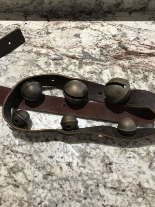 6 Vintage Christmas Brass Sleigh Bells On 57 " Leather Strap