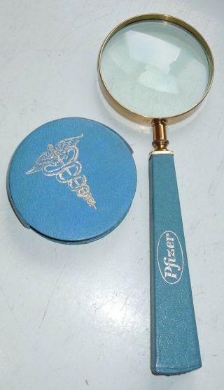 Vintage Pfizer Magnifying Glass Medical Promotional Brass Leather Japan Blue