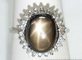 6.  50ct Natural Black Star Sapphire 14k Diamond Ring Vintage White Gold Halo Sz 7