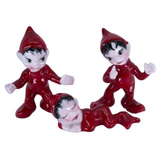Vintage Miniature Set Of 3 Bone China Red Pixie Elves Figurines 2 " High