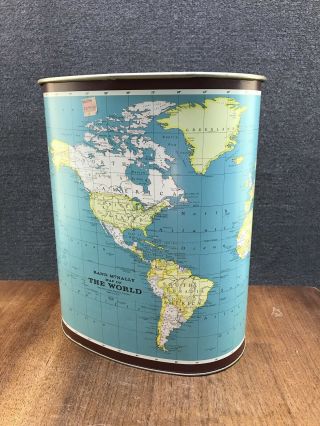 Mid Century 1960s J.  L.  Clark Rand Mcnally Map Of The World Trash Can Waste Baske