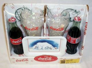 1997 COCA COLA HOLIDAY CHRISTMAS GIFT SET TRAY - GLASSES - BOTTLES 3