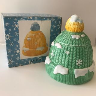 Cracker Barrel Winter Knit Hat Cookie Jar Christmas Beanie Cap Snow Pom Pom Box