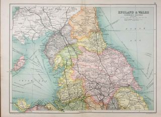 Antique Map Of England & Wales Northern Section 1910 John Bartholomew & Co