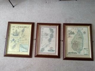 3 X Framed Vintage Xandra Fisher Maps Of St Lucia,  Windwards & The Grenadines