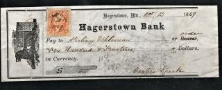 Hick Girl Stamps - U.  S.  Bank Check Sc R15c 1869 Hagerstown,  Md.  A1